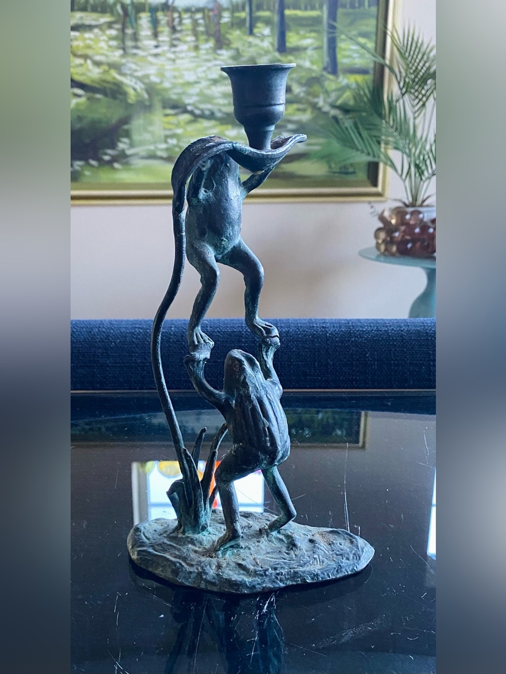 Vintage Bronze Acrobatic Frogs Candlestick Holder Verdigris Patina Whimsical